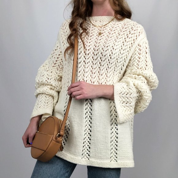 Vintage Sweaters - Stunning Vintage Hand Knit Open Oversized Bell Sleeve Boho Long Tunic Sweater